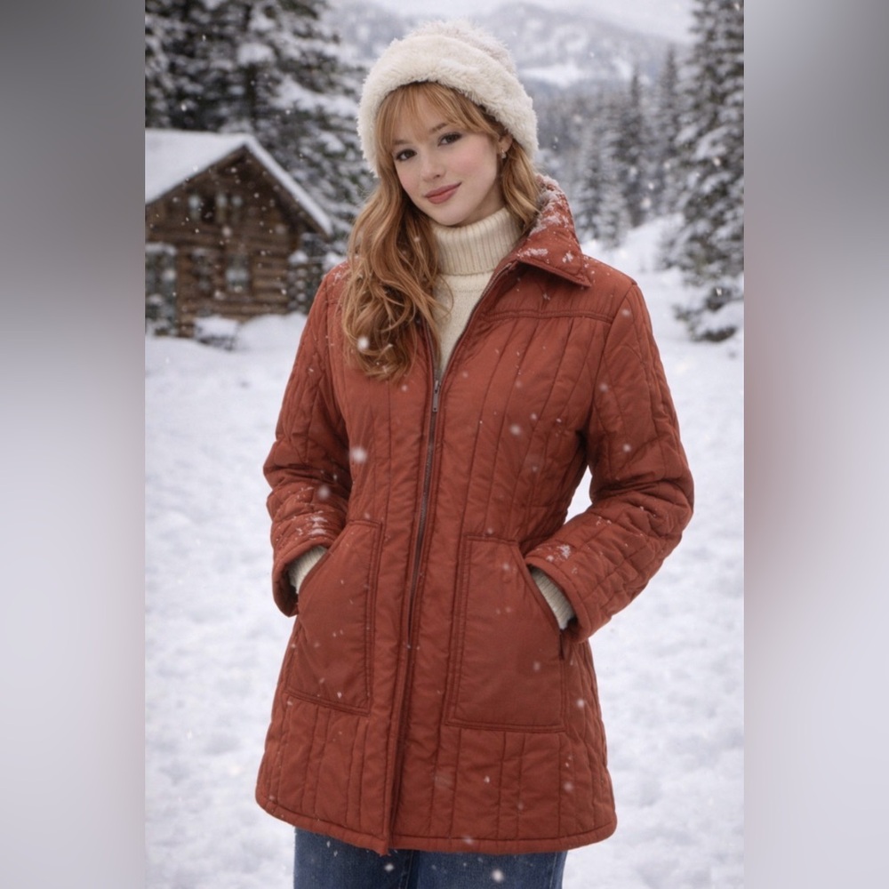 Vintage 1970’s puffer ski coat- rust orange color- quilted, poly material